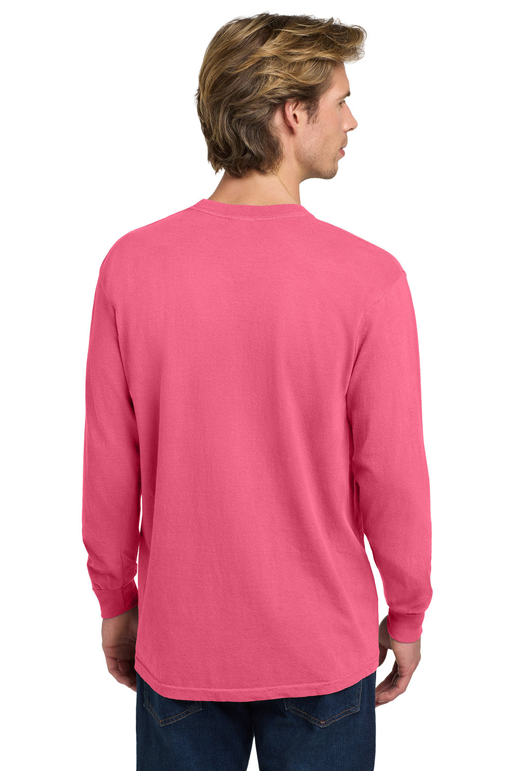 Comfort Colors 6014/C6014 Mens Long Sleeve Crewneck T-Shirt Crunchberry Pink Model Back