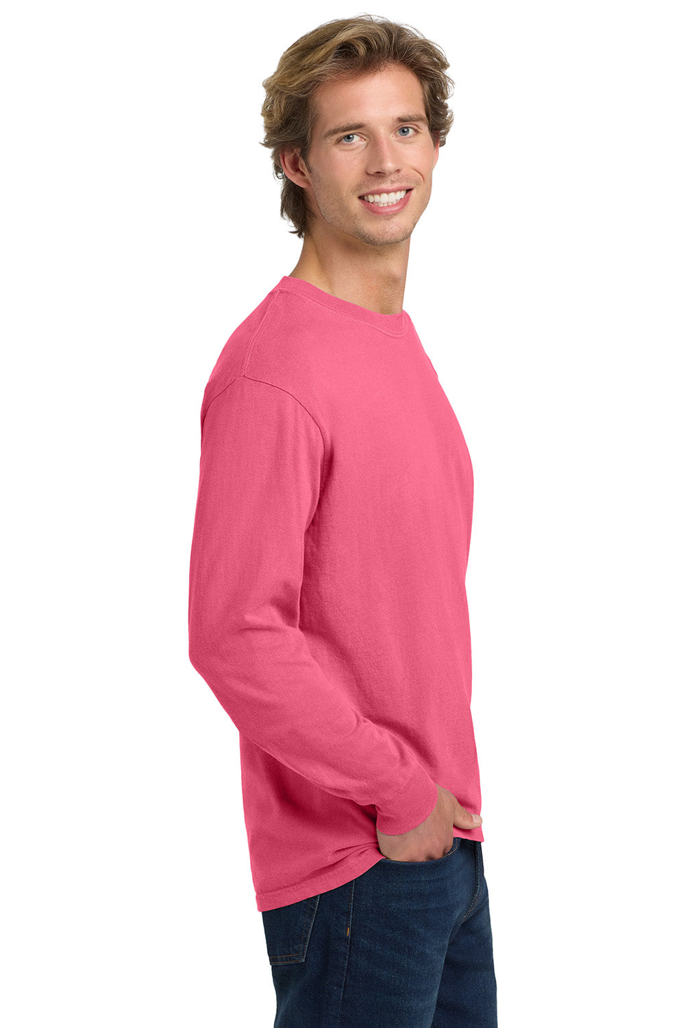 Comfort Colors 6014/C6014 Mens Long Sleeve Crewneck T-Shirt Crunchberry Pink Model Side