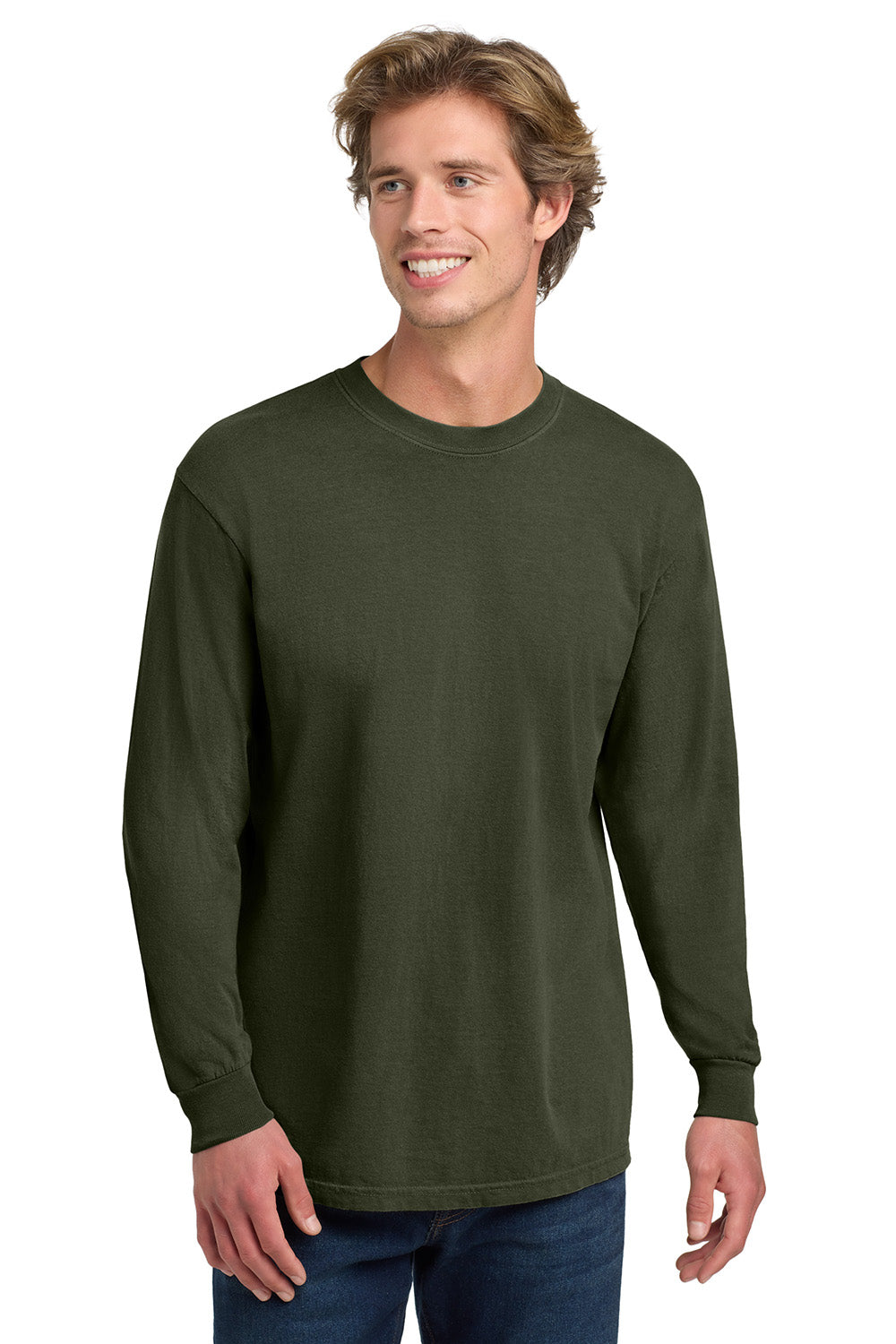 Comfort Colors 6014/C6014 Mens Long Sleeve Crewneck T-Shirt Hemp Green Model Front