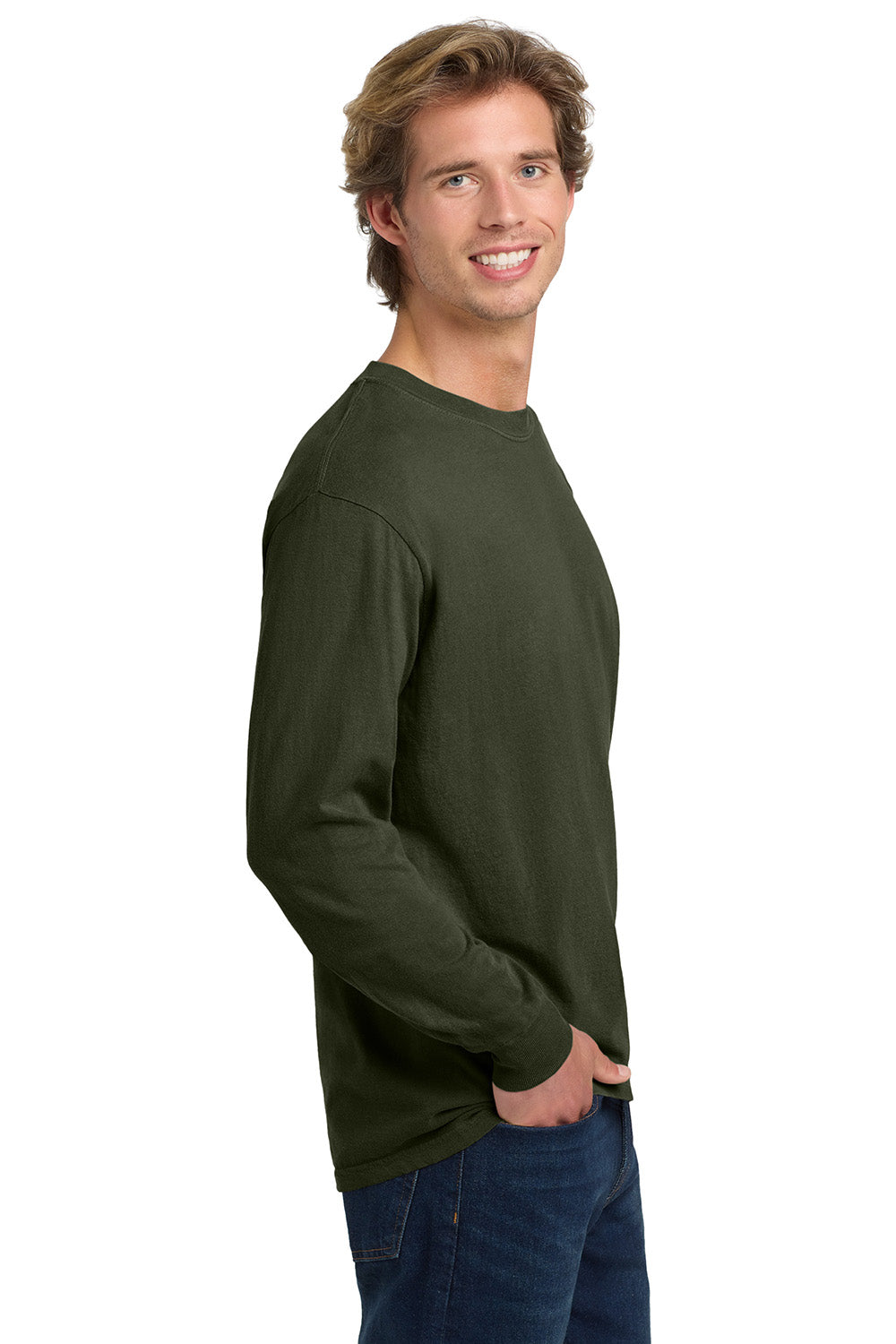 Comfort Colors 6014/C6014 Mens Long Sleeve Crewneck T-Shirt Hemp Green Model Side