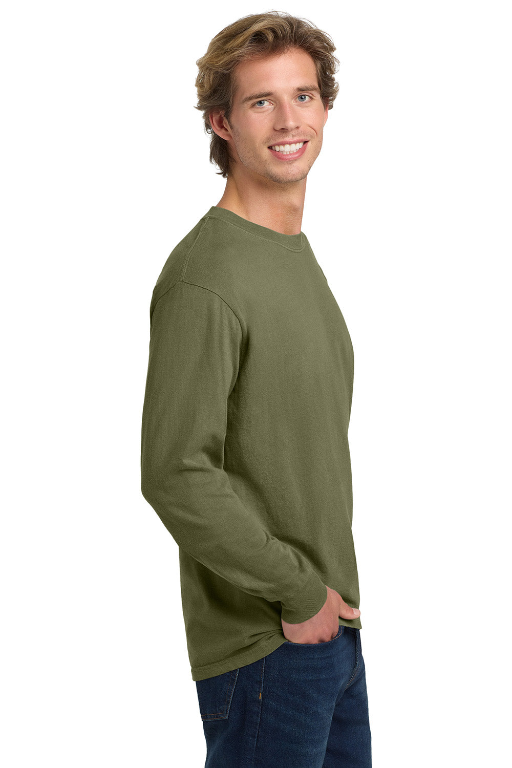 Comfort Colors 6014/C6014 Mens Long Sleeve Crewneck T-Shirt Khaki Brown Model Side