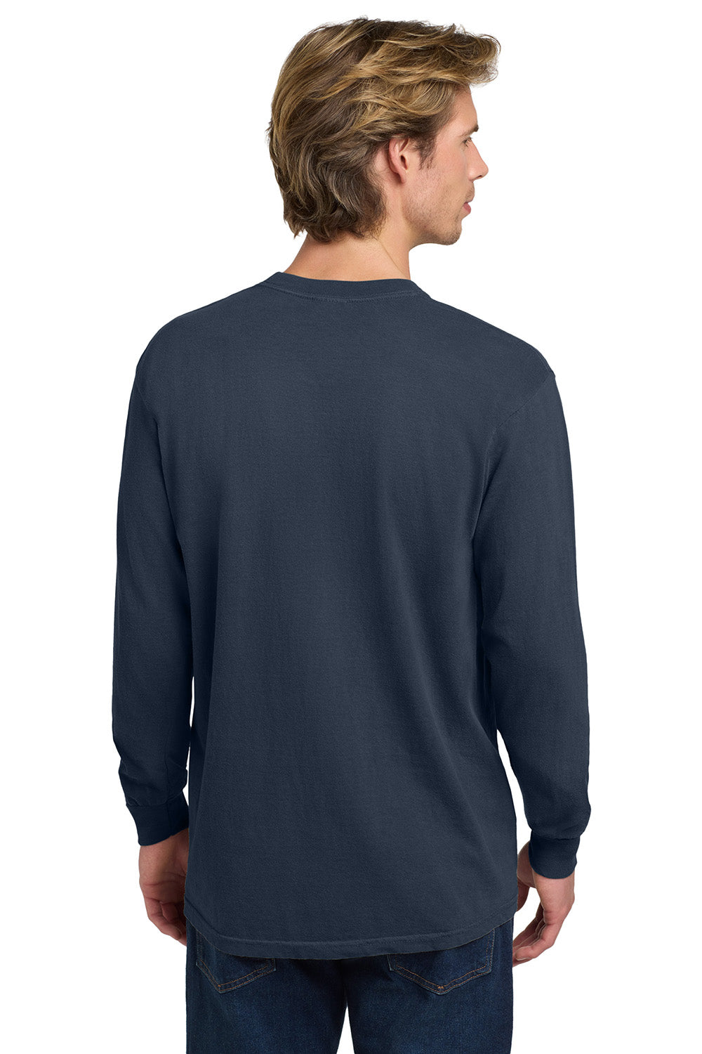 Comfort Colors 6014/C6014 Mens Long Sleeve Crewneck T-Shirt Midnight Navy Blue Model Back