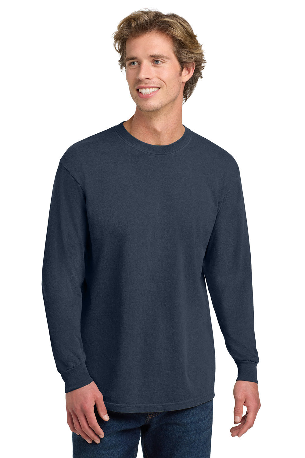 Comfort Colors 6014/C6014 Mens Long Sleeve Crewneck T-Shirt Midnight Navy Blue Model Front