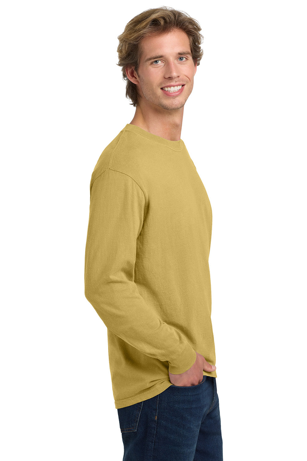 Comfort Colors 6014/C6014 Mens Long Sleeve Crewneck T-Shirt Mustard Yellow Model Side