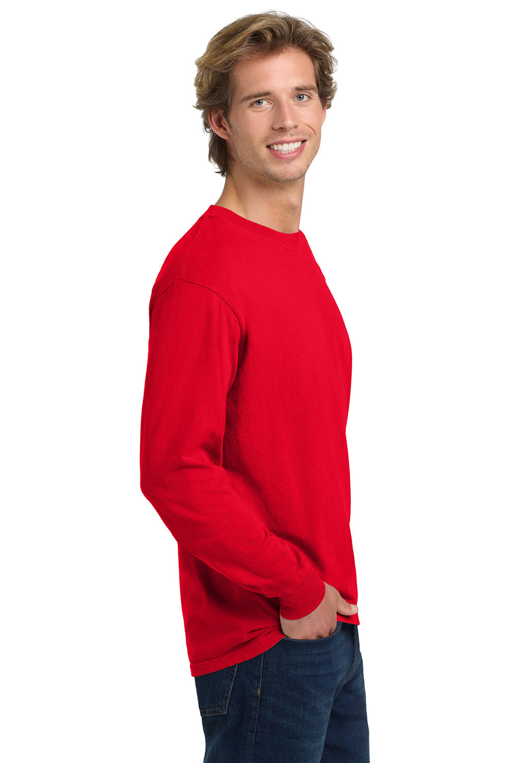 Comfort Colors 6014/C6014 Mens Long Sleeve Crewneck T-Shirt Red Model Side