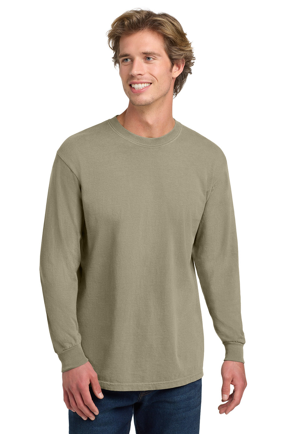 Comfort Colors 6014/C6014 Mens Long Sleeve Crewneck T-Shirt Sandstone Model Front