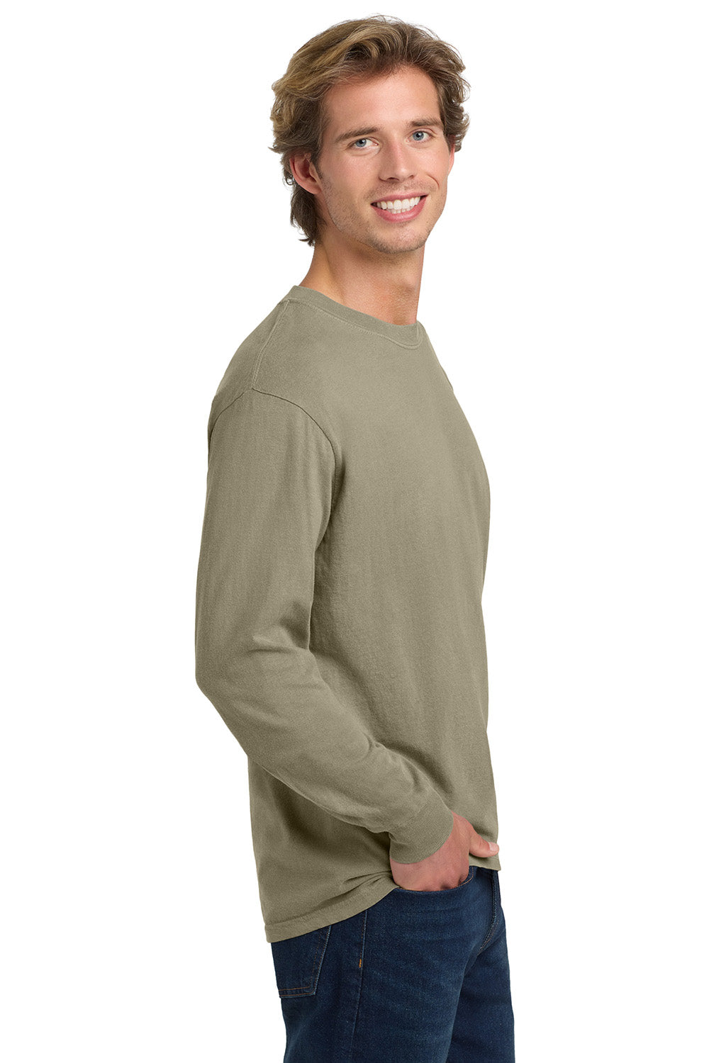 Comfort Colors 6014/C6014 Mens Long Sleeve Crewneck T-Shirt Sandstone Model Side