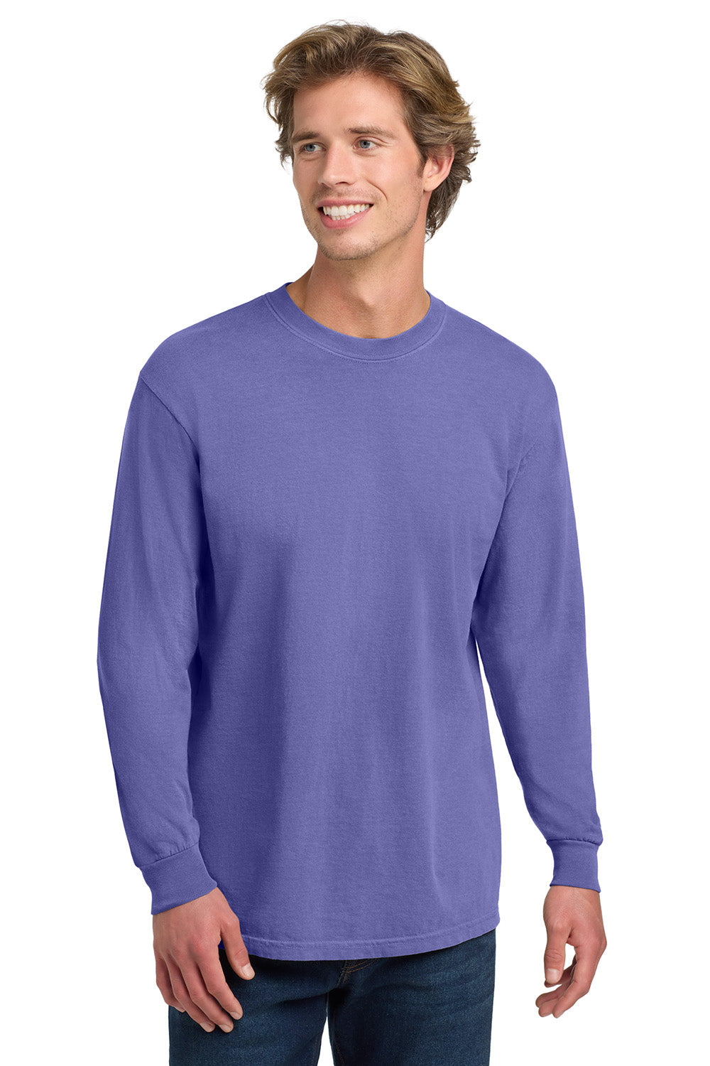 Comfort Colors 6014/C6014 Mens Long Sleeve Crewneck T-Shirt Violet Purple Model Front