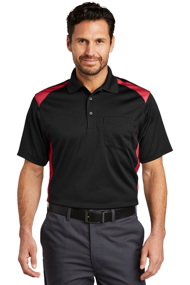 CornerStone CS416 Mens Select Moisture Wicking Short Sleeve Polo Shirt w/ Pocket Black/Red Model Front