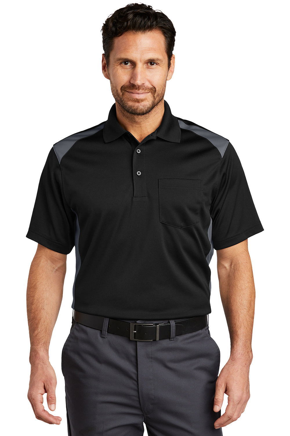 CornerStone CS416 Mens Select Moisture Wicking Short Sleeve Polo Shirt w/ Pocket Black/Charcoal Grey Model Front