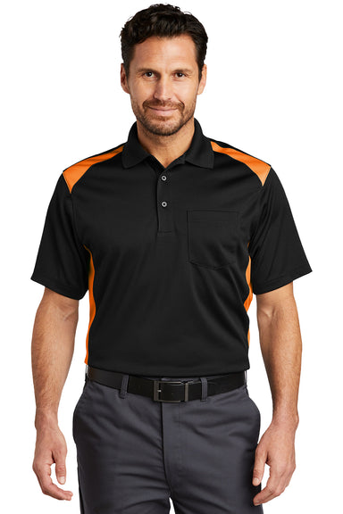 CornerStone CS416 Mens Select Moisture Wicking Short Sleeve Polo Shirt w/ Pocket Black/Shock Orange Model Front