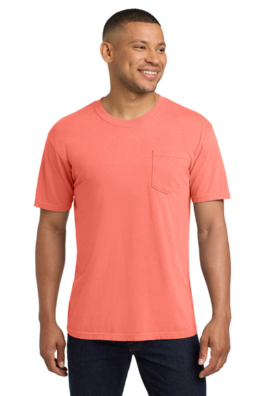 Comfort Colors 6030/6030CC Mens Short Sleeve Crewneck T-Shirt w/ Pocket Neon Red Orange Model Front