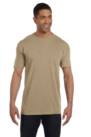 Comfort Colors 6030/6030CC Mens Short Sleeve Crewneck T-Shirt w/ Pocket Khaki Brown Model Front