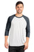 Next Level NL6051/6051 Mens Jersey 3/4 Sleeve Crewneck T-Shirt Heather White/Indigo Blue Model Front