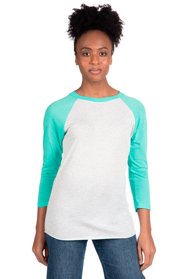 Next Level NL6051/6051 Mens Jersey 3/4 Sleeve Crewneck T-Shirt Heather White/Tahiti Blue Model Front