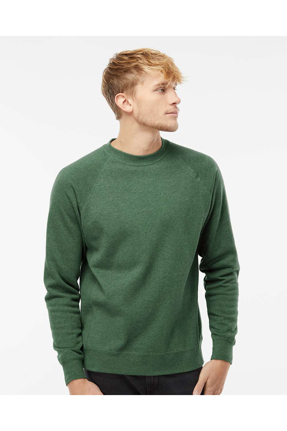 Independent Trading Co. PRM30SBC Mens Special Blend Crewneck Raglan Sweatshirt Moss Green Model Front