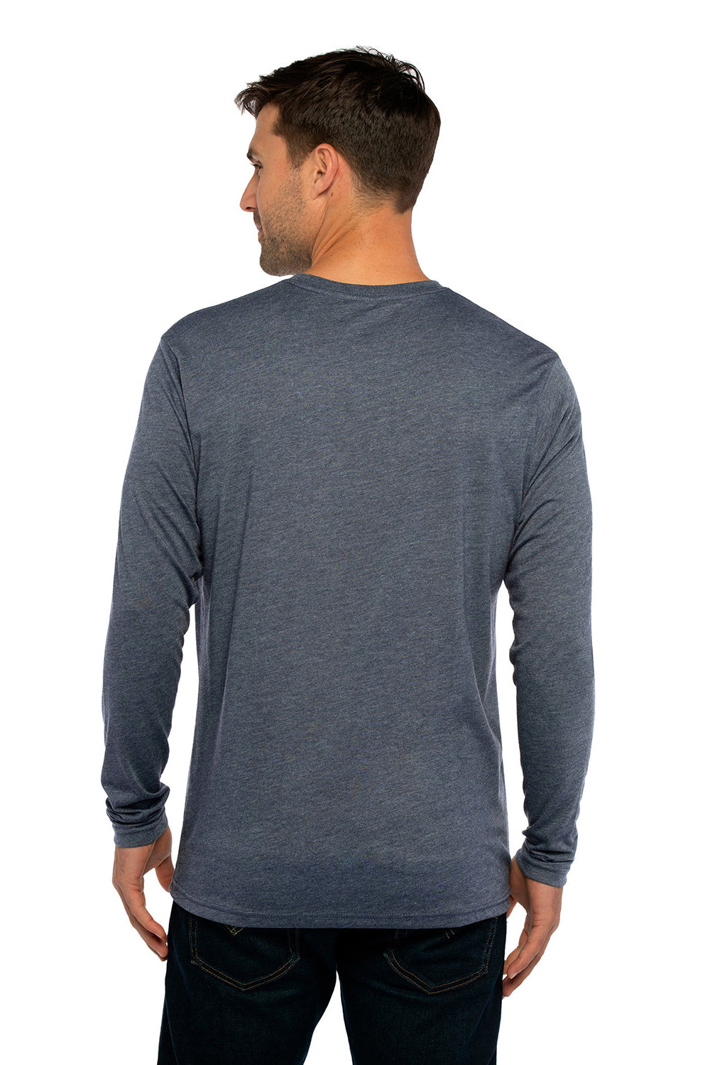 Next Level 6071 Mens Jersey Long Sleeve Crewneck T-Shirt Indigo Blue Model Back