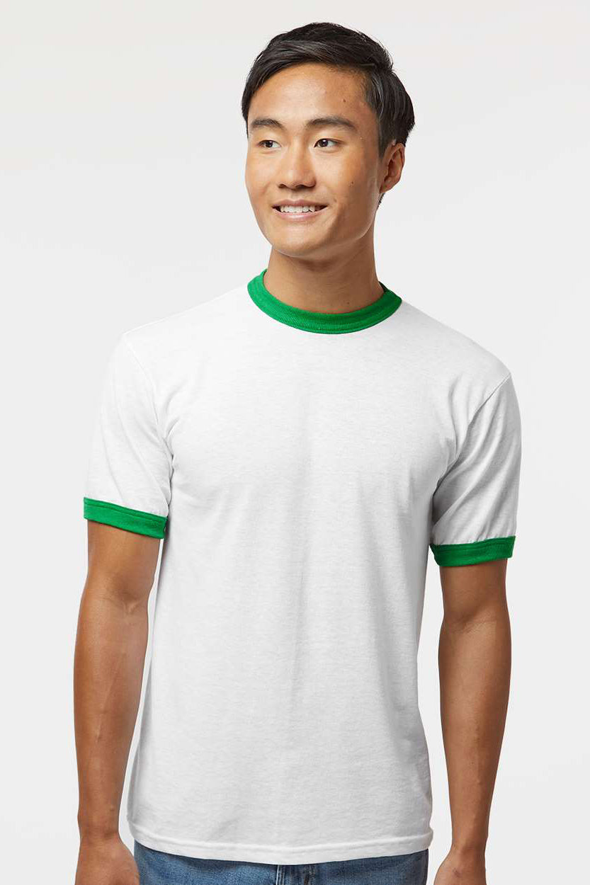 Augusta Sportswear 710 Mens Ringer Short Sleeve Crewneck T-Shirt White/Kelly Green Model Front