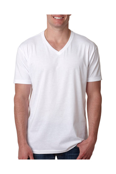 Next Level 6240 Mens CVC Jersey Short Sleeve V-Neck T-Shirt White Model Front