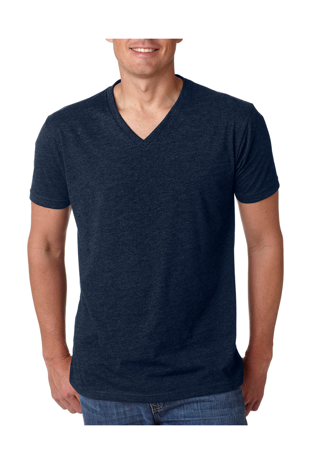 Next Level 6240 Mens CVC Jersey Short Sleeve V-Neck T-Shirt Midnight Navy Blue Model Front