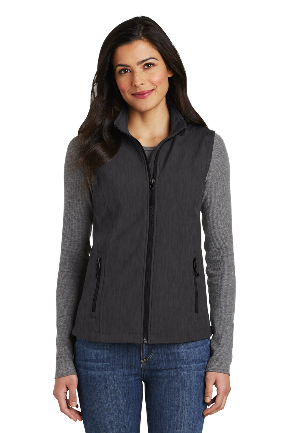 Port Authority L325 Womens Core Wind & Water Resistant Full Zip Vest Heather Charcoal Black Model Front