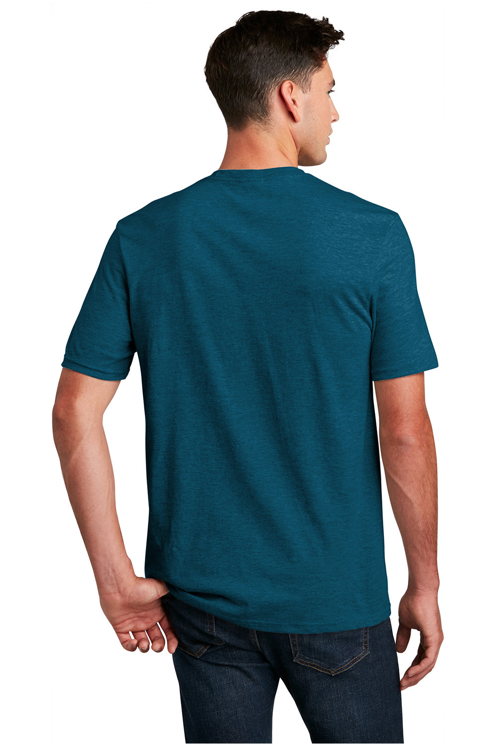 District DM108 Mens Perfect Blend Short Sleeve Crewneck T-Shirt Deep Turquoise Blue Fleck Model Back