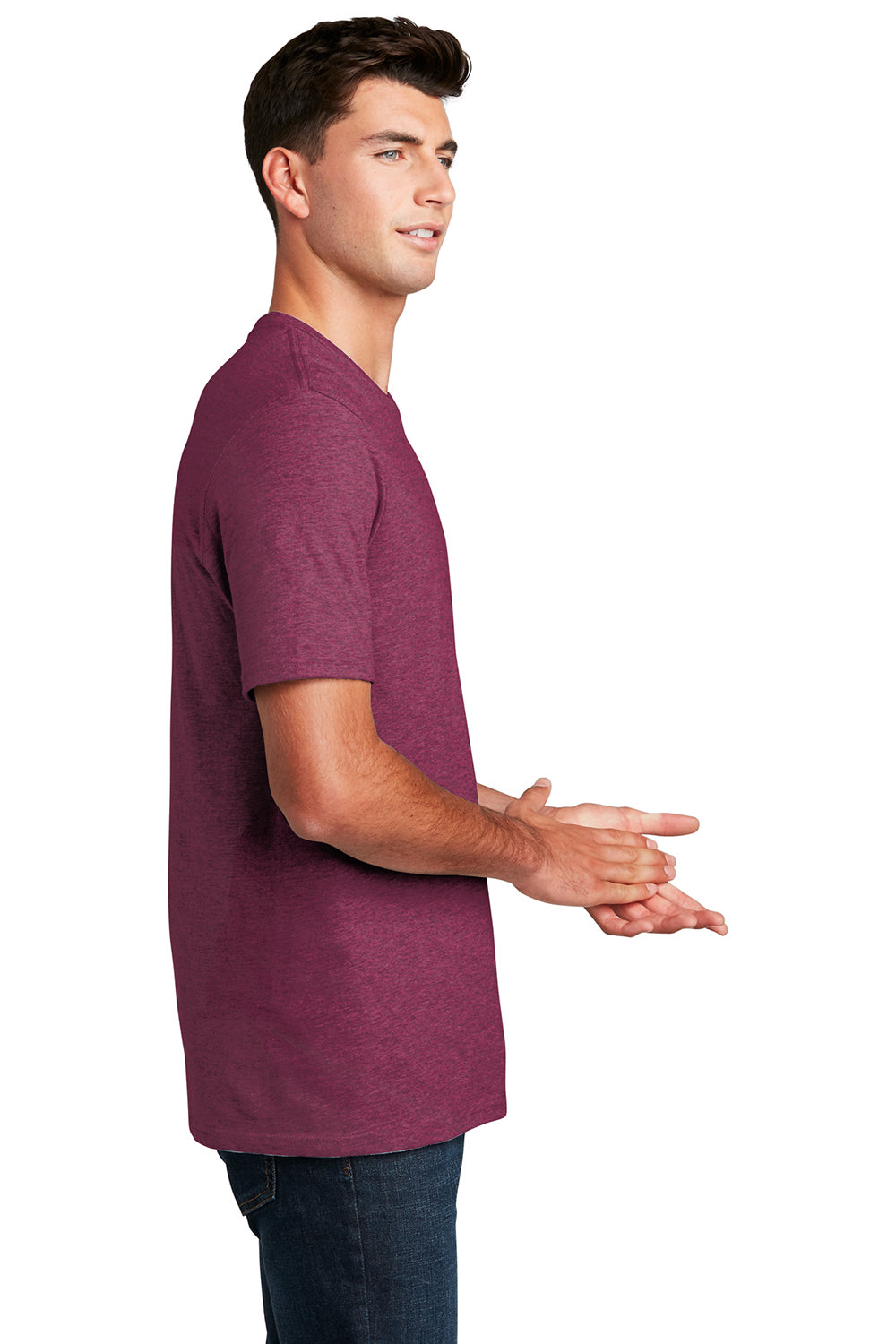 District DM108 Mens Perfect Blend Short Sleeve Crewneck T-Shirt Raspberry Fleck Model Side