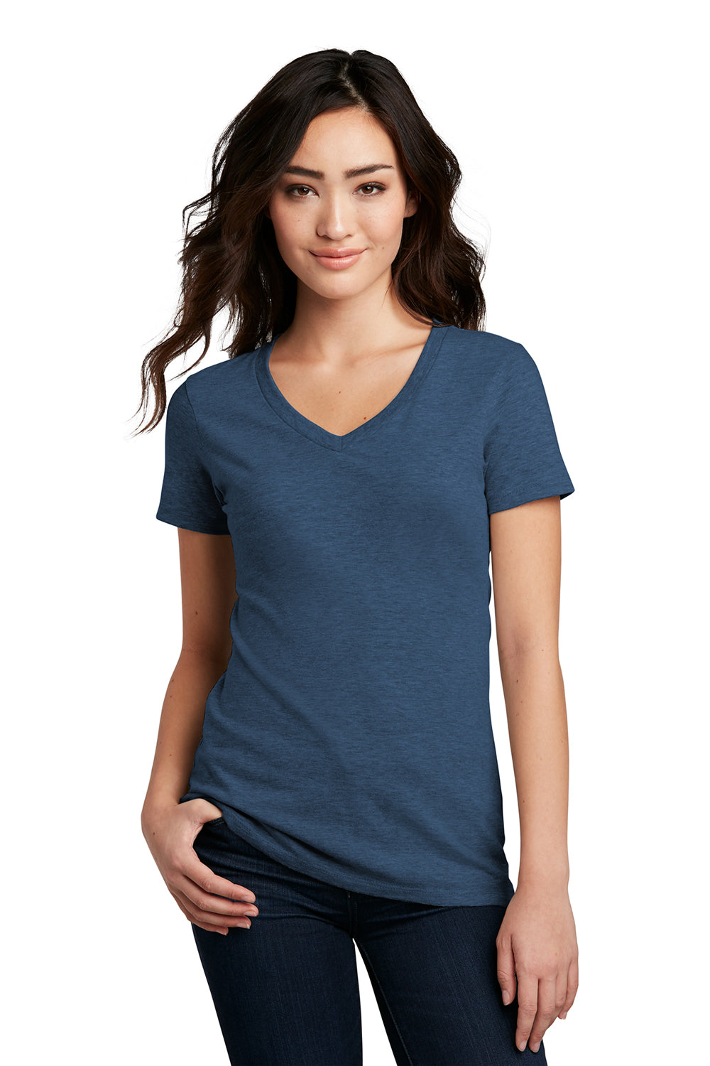 District DM1190L Womens Perfect Blend Short Sleeve V-Neck T-Shirt Deep Royal Blue Fleck Model Front