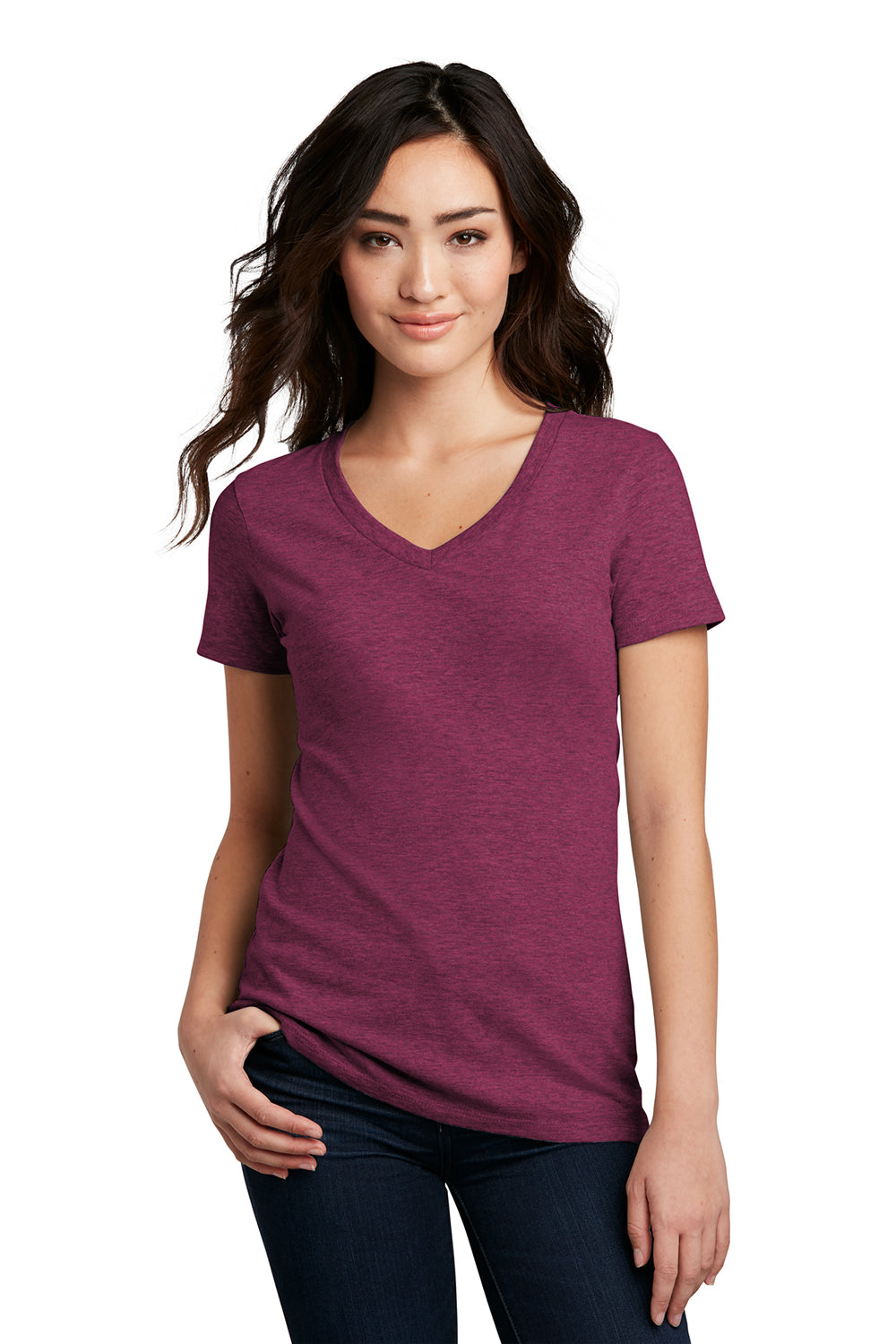 District DM1190L Womens Perfect Blend Short Sleeve V-Neck T-Shirt Raspberry Fleck Model Front