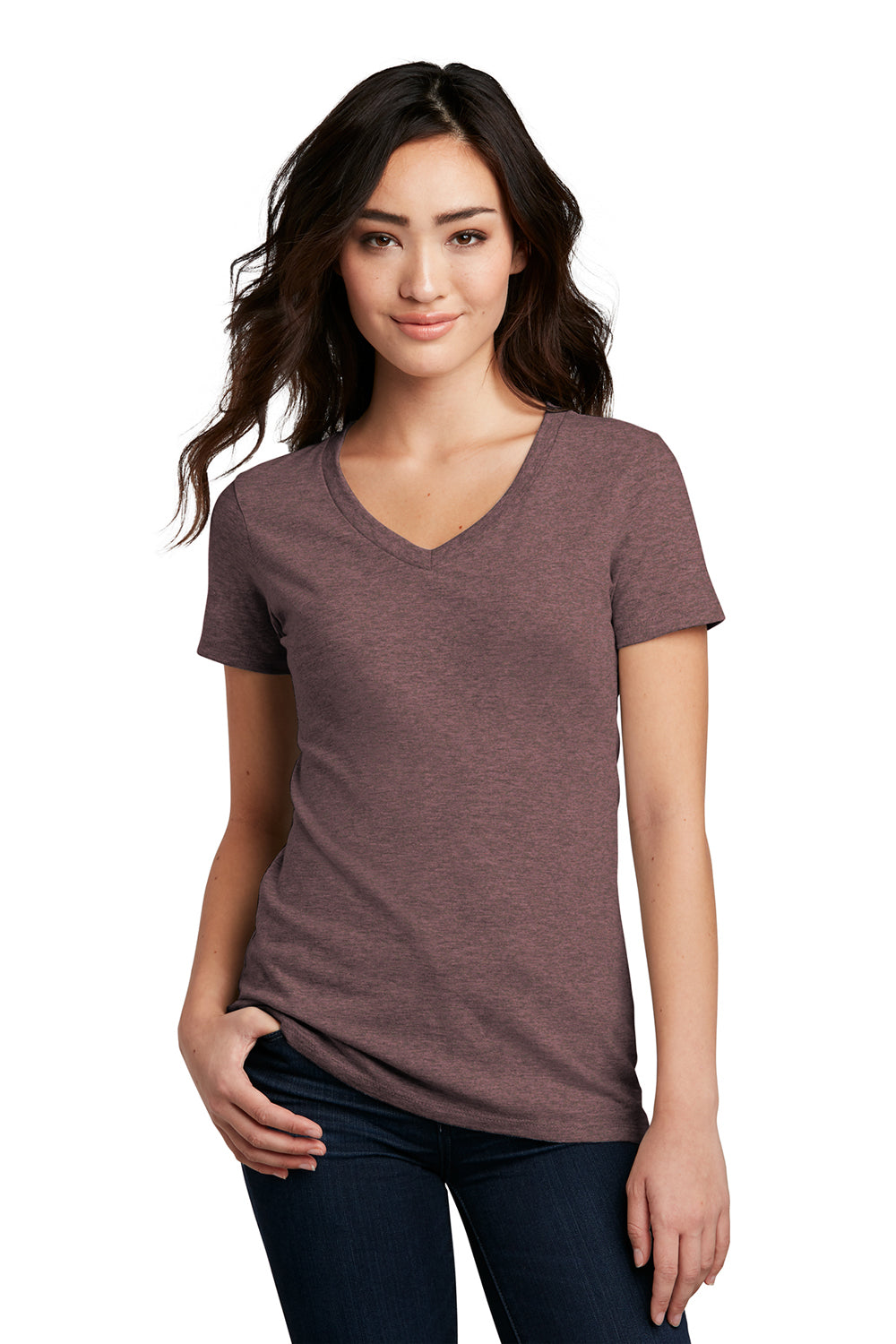 District DM1190L Womens Perfect Blend Short Sleeve V-Neck T-Shirt Rose Fleck Model Front