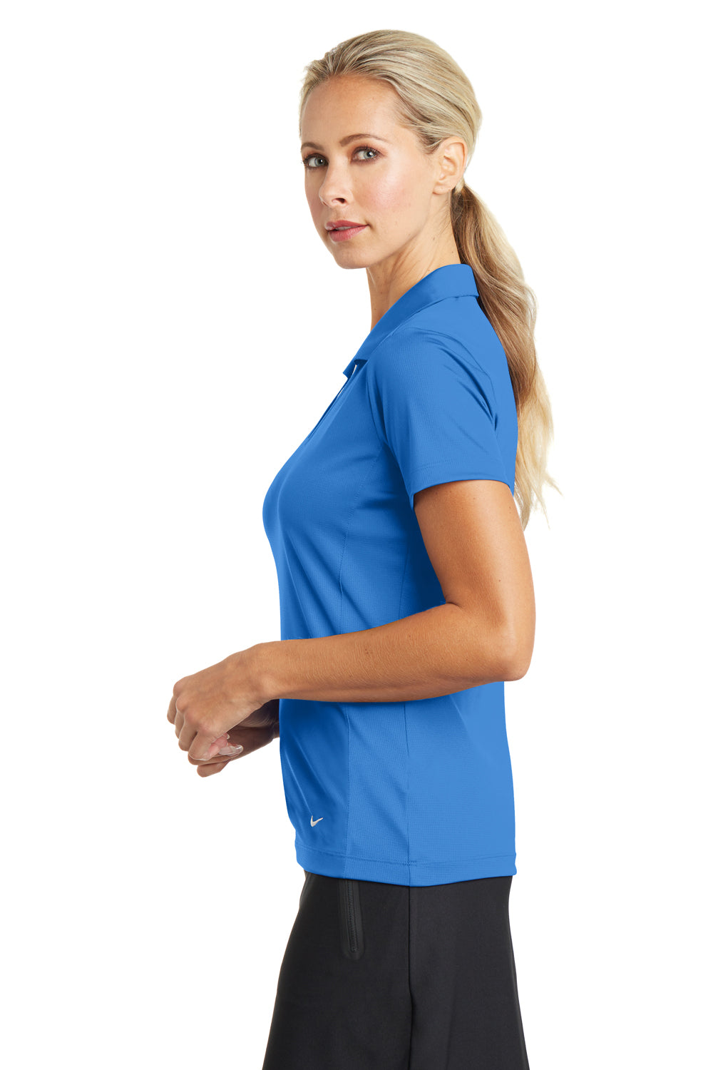 Nike 637165 Womens Dri-Fit Moisture Wicking Short Sleeve Polo Shirt Brisk Blue Model Side