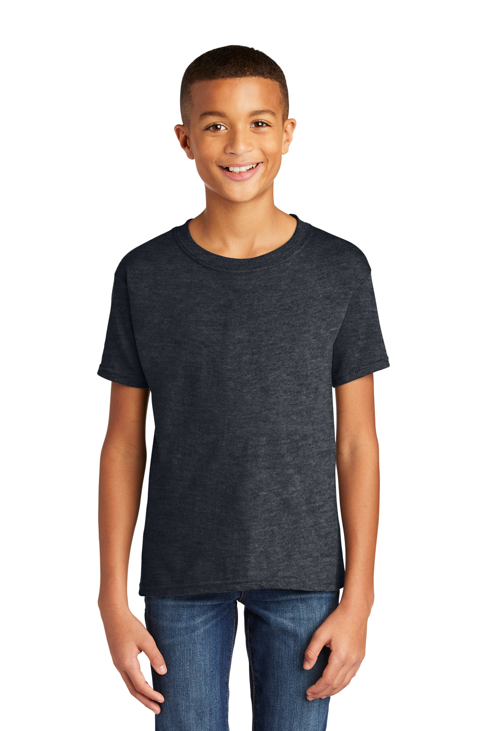 Gildan 64000B Youth Softstyle Short Sleeve Crewneck T-Shirt Heather Dark Grey Model Front