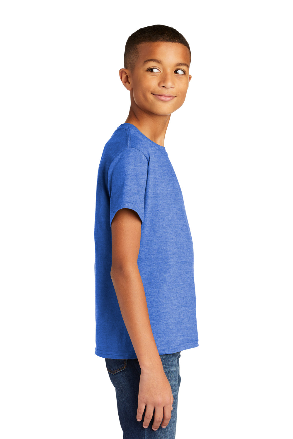 Gildan 64000B Youth Softstyle Short Sleeve Crewneck T-Shirt Heather Royal Blue Model Side