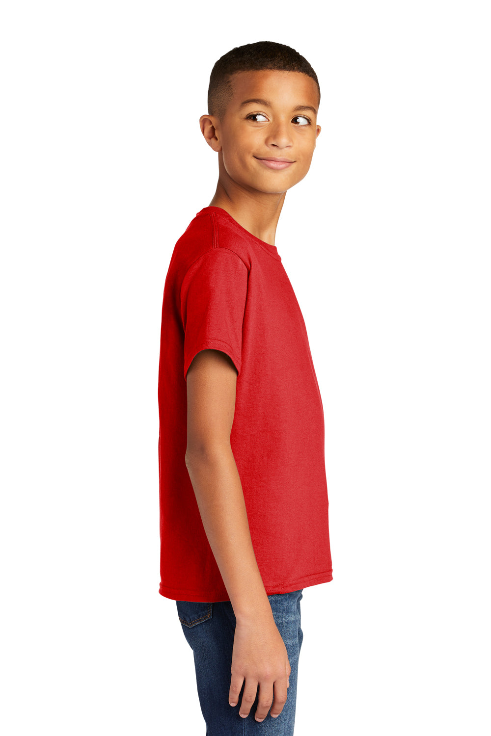 Gildan 64000B Youth Softstyle Short Sleeve Crewneck T-Shirt Red Model Side