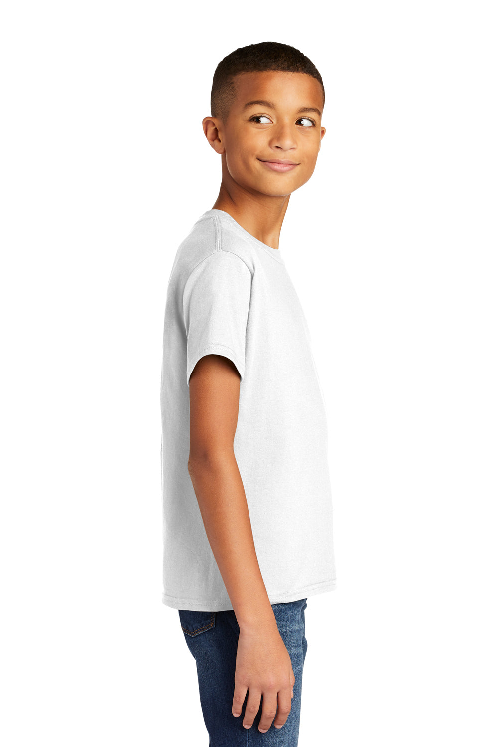 Gildan 64000B Youth Softstyle Short Sleeve Crewneck T-Shirt White Model Side