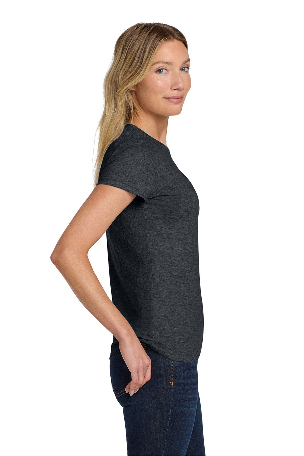 Gildan 64000L/G640L Womens Softstyle Short Sleeve Crewneck T-Shirt Heather Dark Grey Model Side