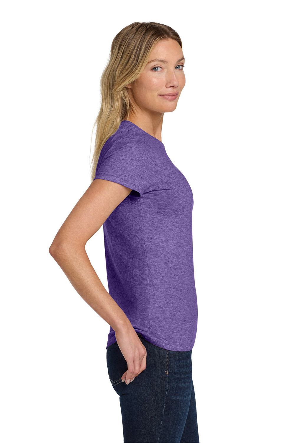 Gildan 64000L/G640L Womens Softstyle Short Sleeve Crewneck T-Shirt Heather Purple Model Side