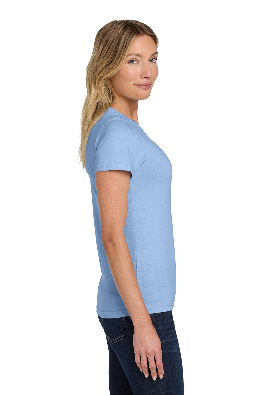 Gildan 64000L/G640L Womens Softstyle Short Sleeve Crewneck T-Shirt Light Blue Model Side