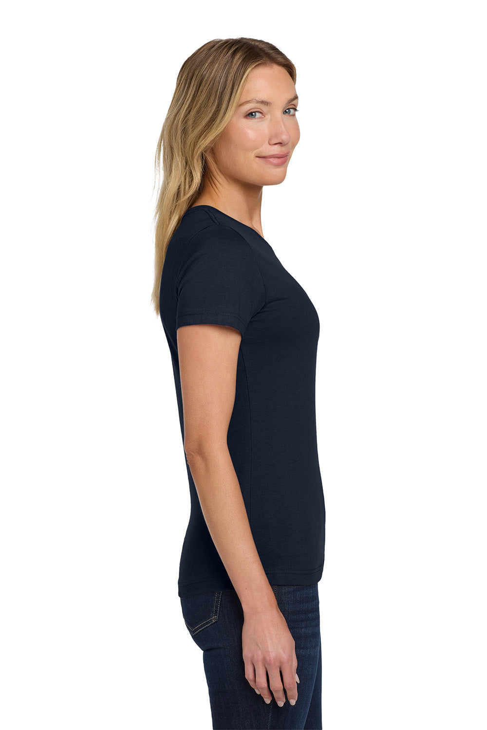 Gildan 64000L/G640L Womens Softstyle Short Sleeve Crewneck T-Shirt Navy Blue Model Side