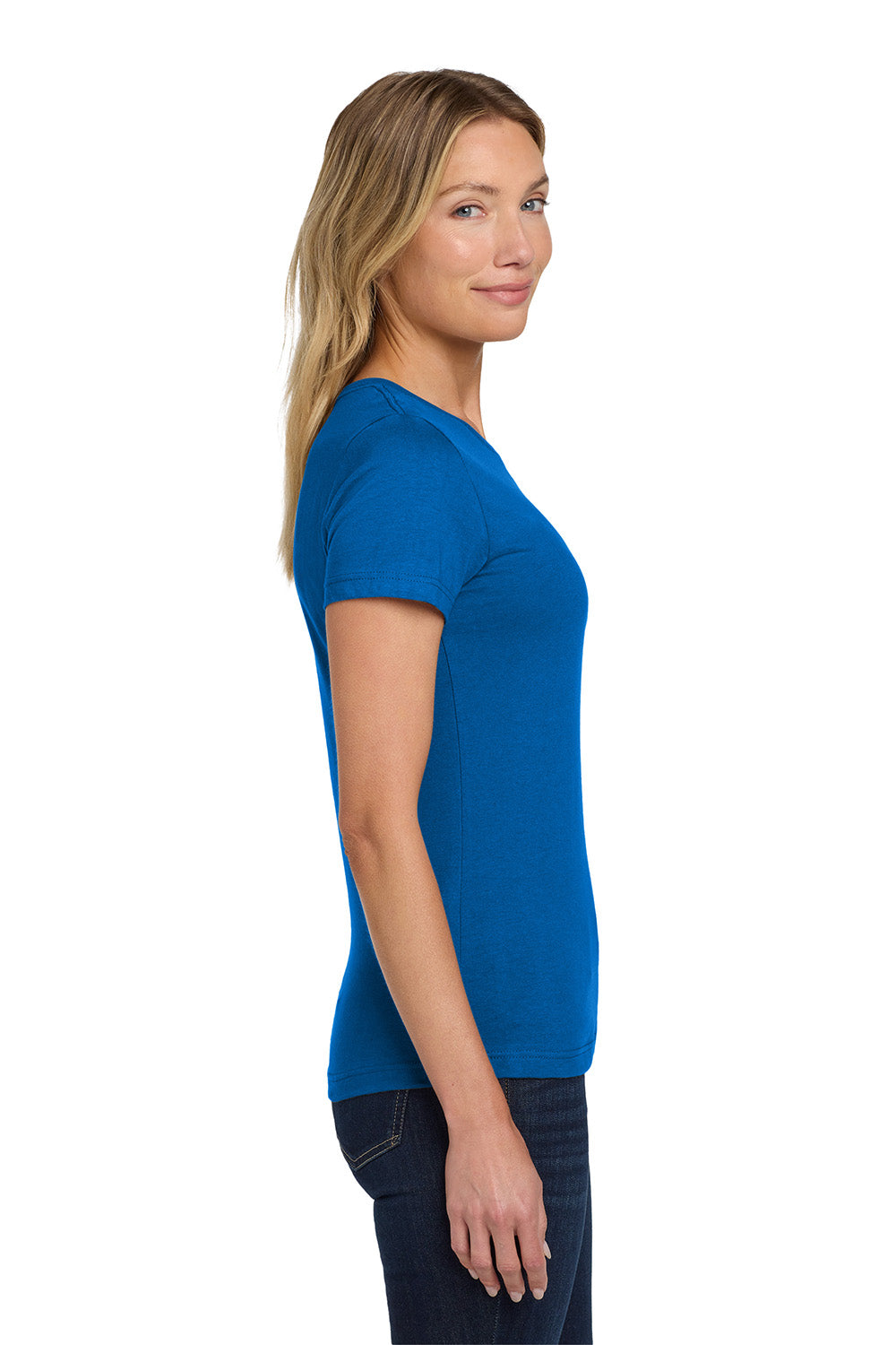 Gildan 64000L/G640L Womens Softstyle Short Sleeve Crewneck T-Shirt Royal Blue Model Side