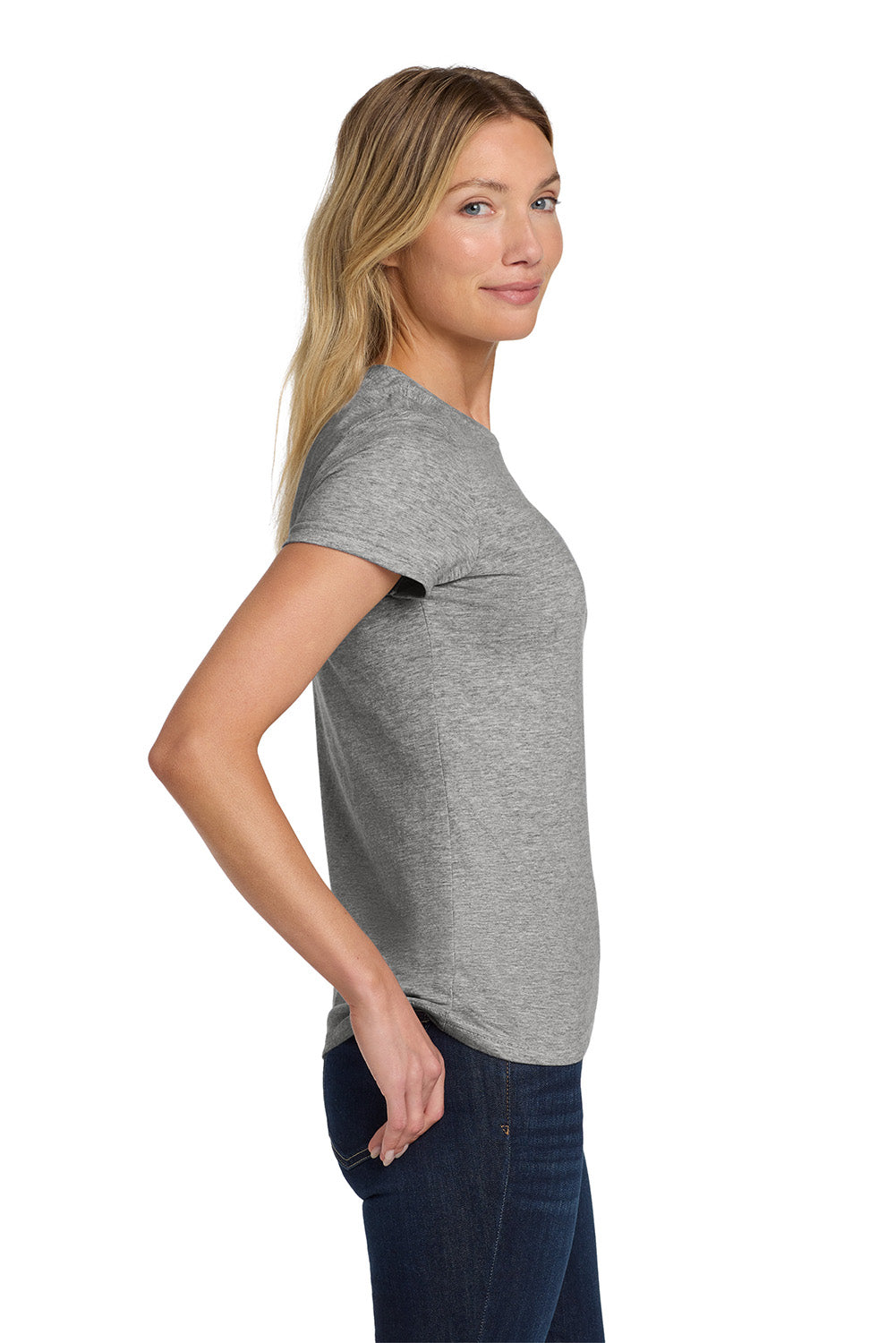 Gildan 64000L/G640L Womens Softstyle Short Sleeve Crewneck T-Shirt Sport Grey Model Side