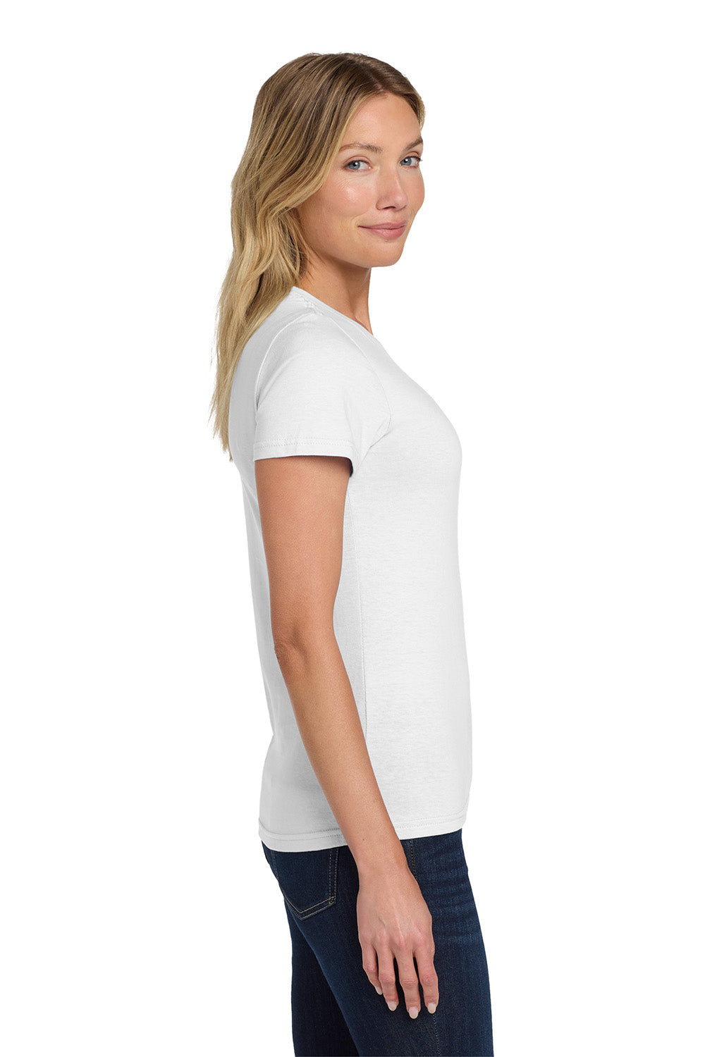 Gildan 64000L/G640L Womens Softstyle Short Sleeve Crewneck T-Shirt White Model Side