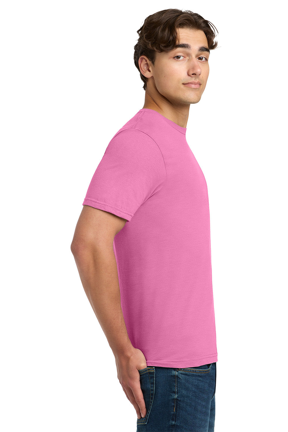 Gildan 64000/G640 Mens Softstyle Short Sleeve Crewneck T-Shirt Azalea Pink Model Side