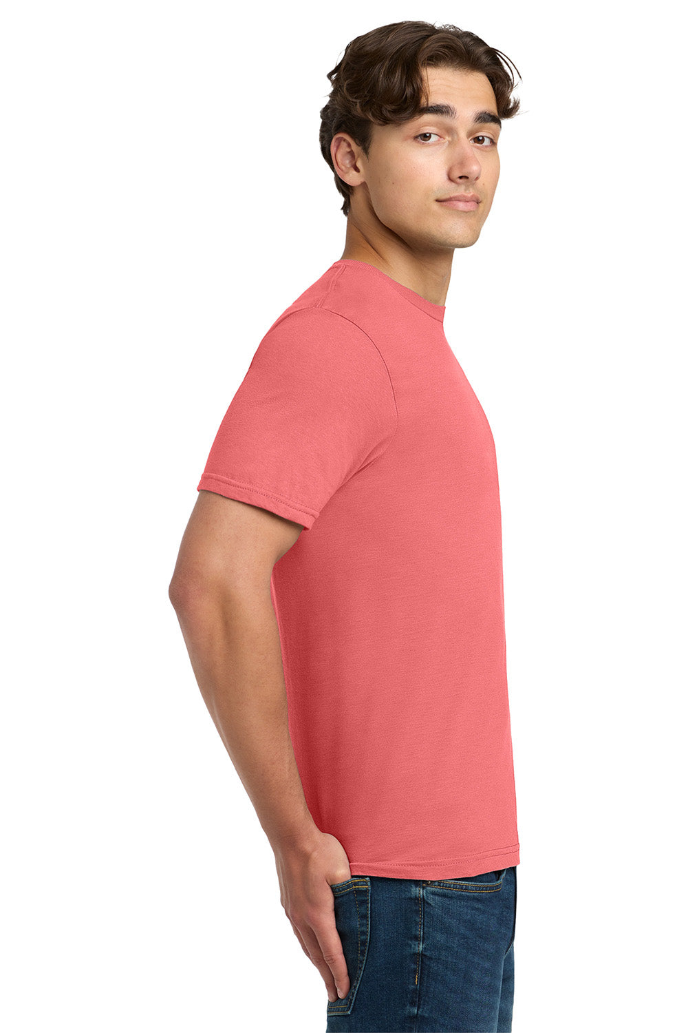 Gildan 64000/G640 Mens Softstyle Short Sleeve Crewneck T-Shirt Coral Silk Model Side