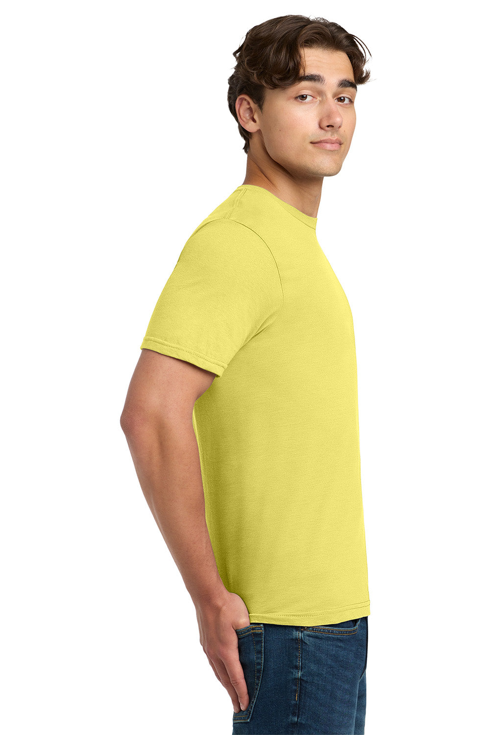 Gildan 64000/G640 Mens Softstyle Short Sleeve Crewneck T-Shirt Cornsilk Yellow Model Side