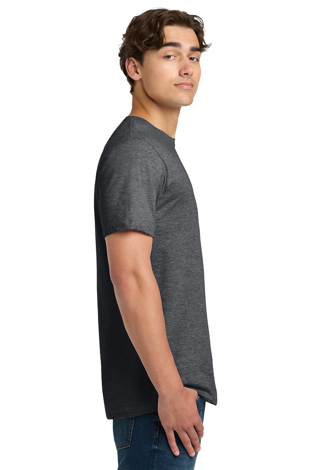 Gildan 64000/G640 Mens Softstyle Short Sleeve Crewneck T-Shirt Heather Dark Grey Model Side