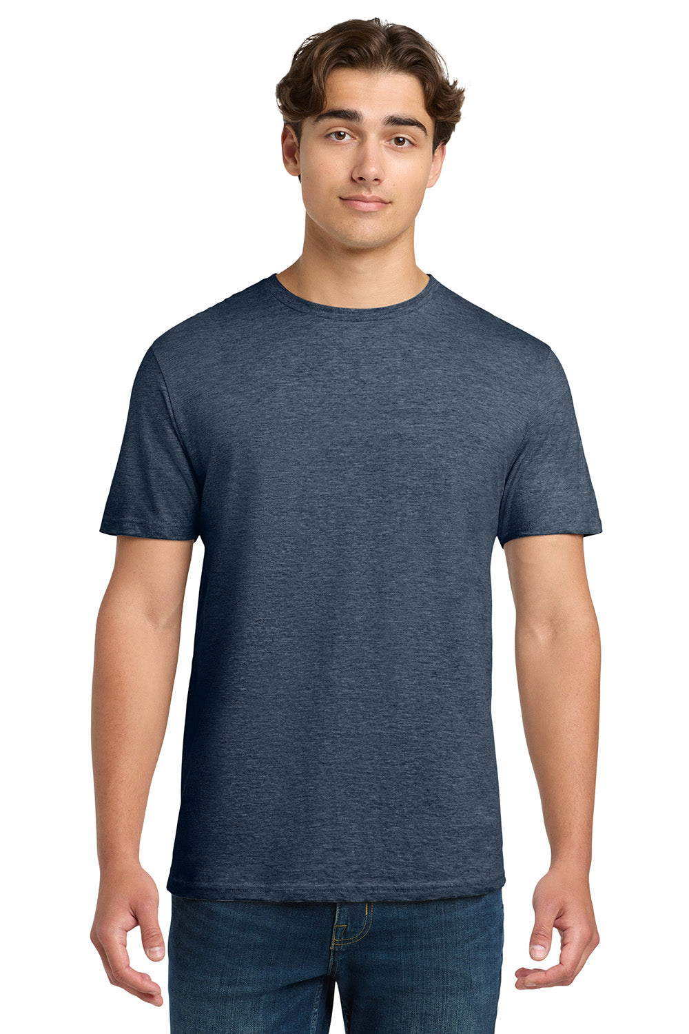 Gildan 64000/G640 Mens Softstyle Short Sleeve Crewneck T-Shirt Heather Navy Blue Model Front