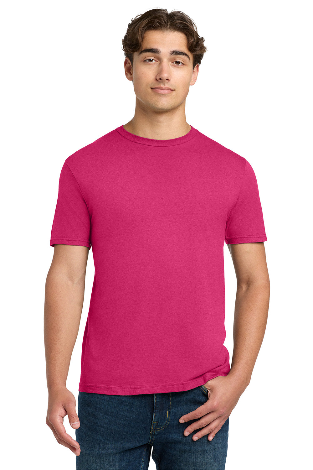 Gildan 64000/G640 Mens Softstyle Short Sleeve Crewneck T-Shirt Heliconia Pink Model Front