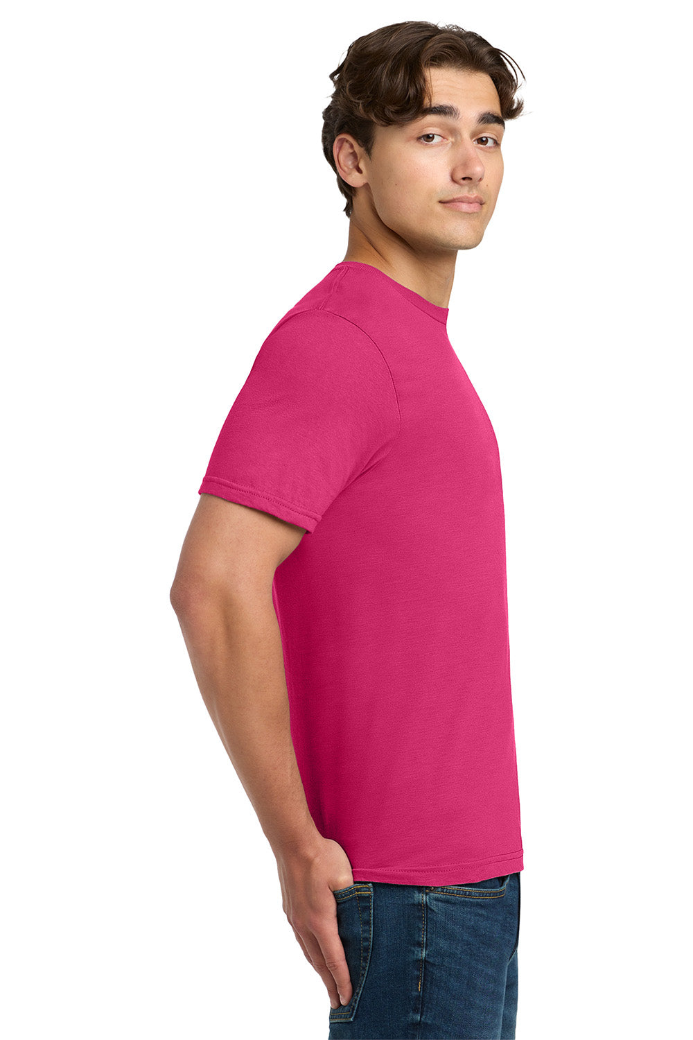 Gildan 64000/G640 Mens Softstyle Short Sleeve Crewneck T-Shirt Heliconia Pink Model Side