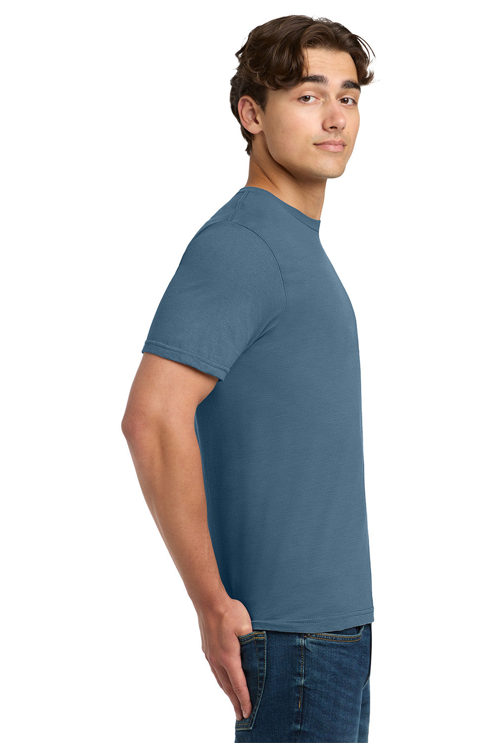 Gildan 64000/G640 Mens Softstyle Short Sleeve Crewneck T-Shirt Indigo Blue Model Side